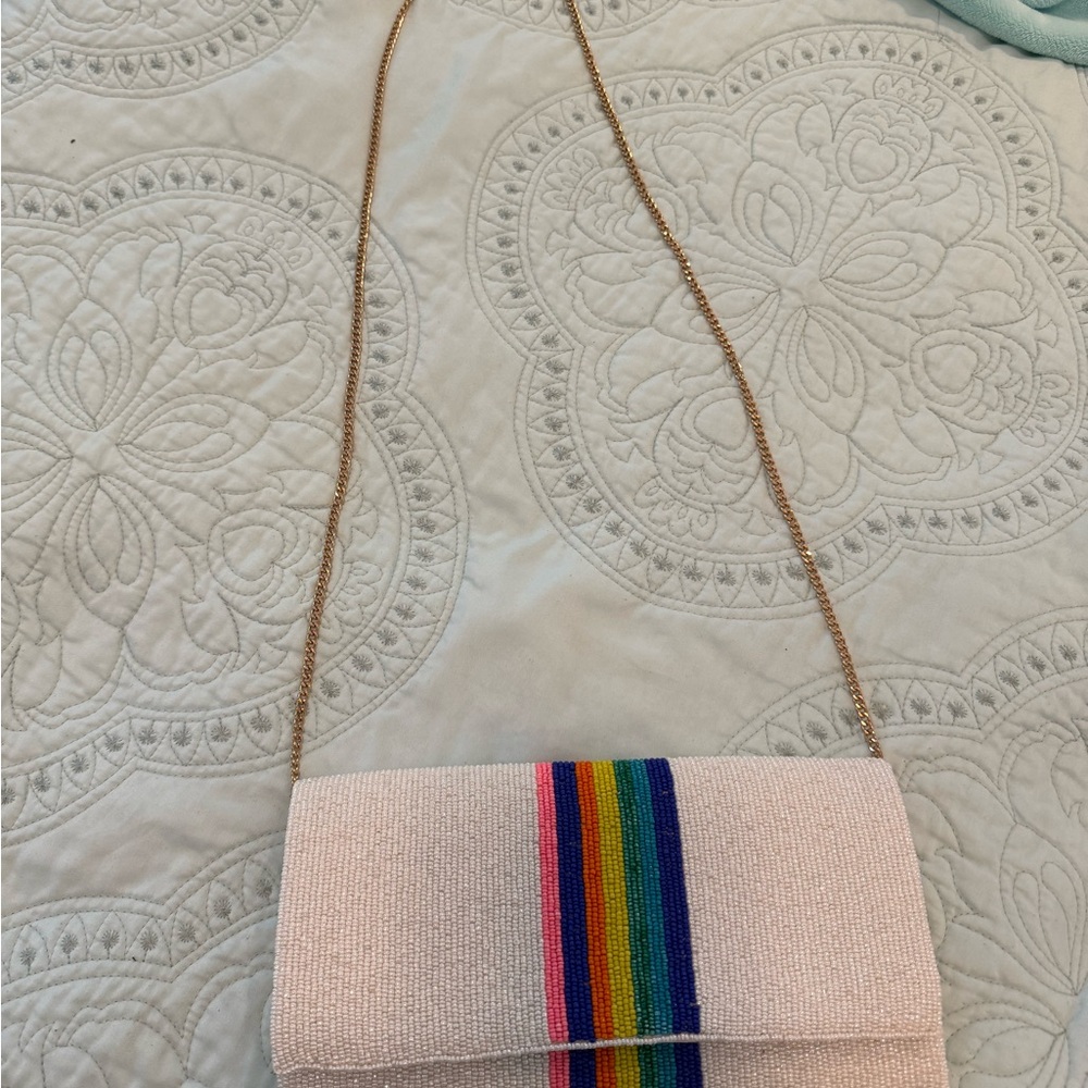 Stunning beaded Rainbow Stripe Women's Bag, can be used with chain or as clutch